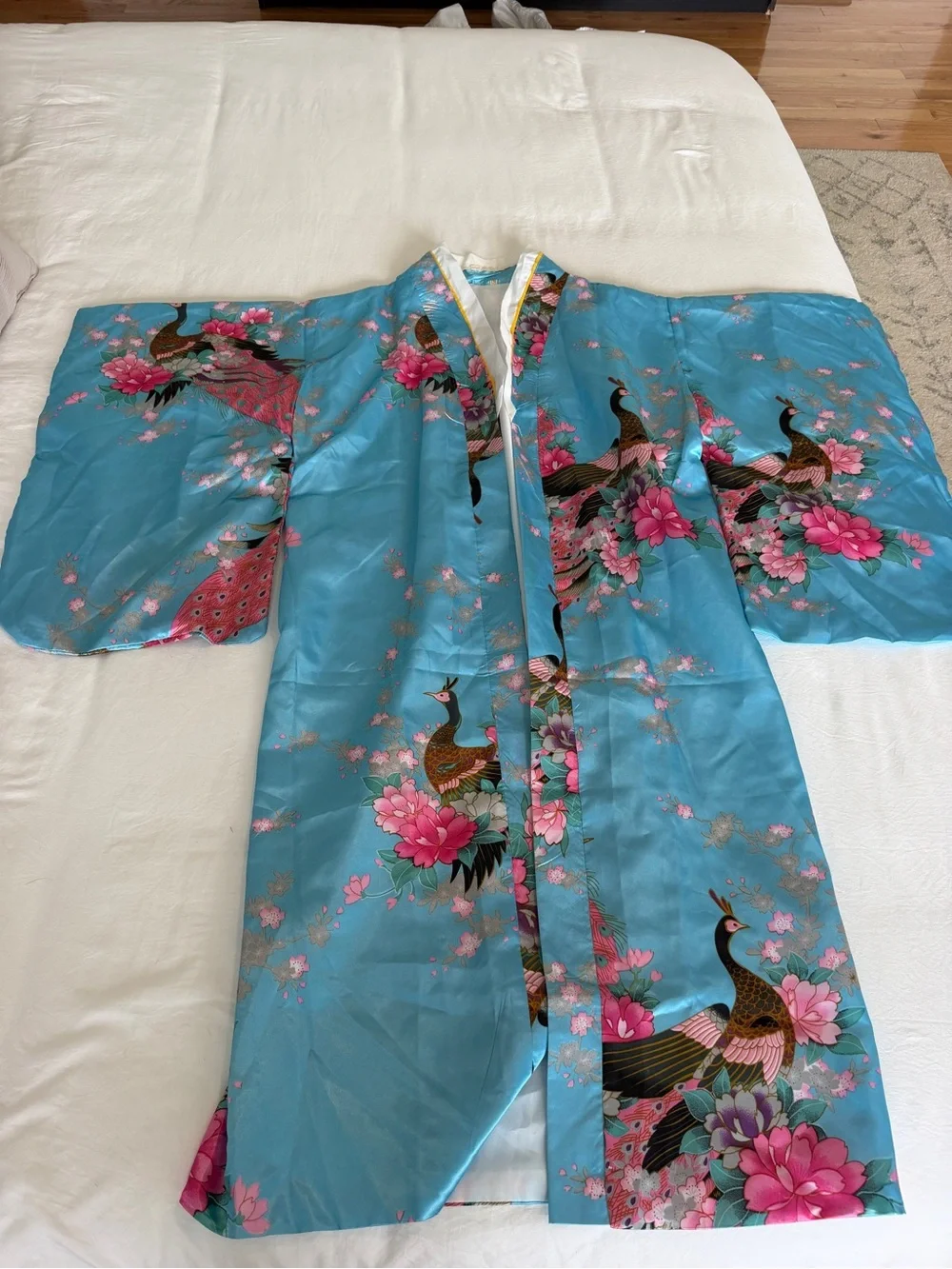 Girls Japanese Kimono Costume Blue Floral Peacock Robe Obi Halloween
